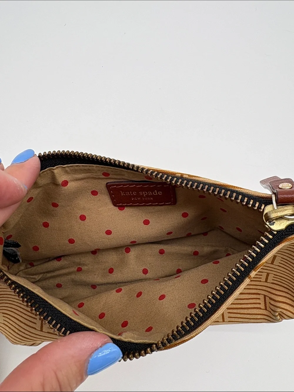 Kate Spade Tan Cloth Brown Leather Wristlet Wallet BLEMISH